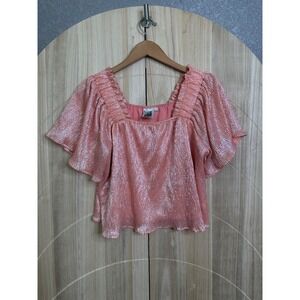 Queen of Sparkles Pink Metallic Square Neck Flutter Sleeve Blouse L
